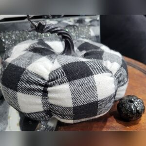 Black & White Buffalo Plaid Fabric Pumpkin w/Mini Black Pumpkin Set